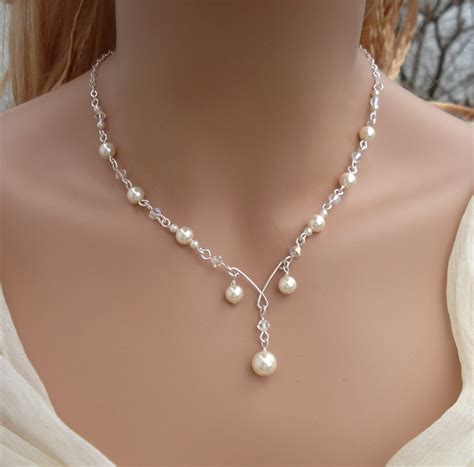 sterling silver bridal pearl and crystal necklace bridesmaid necklace bridal jewelry pearl