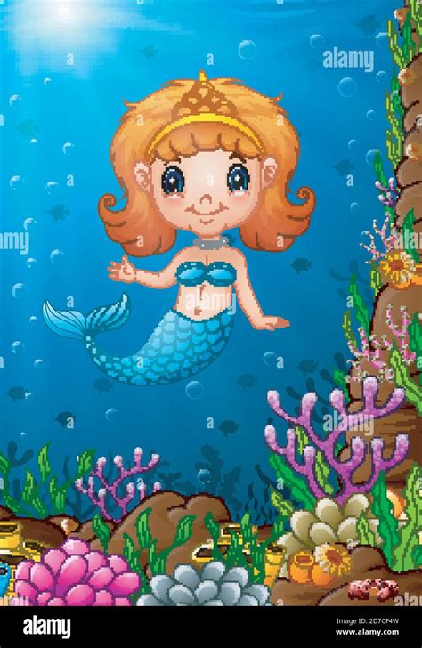 Vector Illustration Of Cartoon Funny Little Mermaid Under The Sea Stock