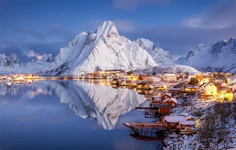 Wallpaper Winter Snow Mountains Lake Home The Evening Norway