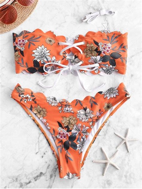 [50 off] 2020 zaful floral lace up scalloped bandeau bikini swimsuit in mango orange zaful