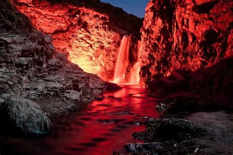 Red Waterfall Scene With Glowsticks Long Exposure Photos Waterfall