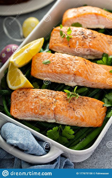 Like almost $30 on breakfast. Salmon And Green Beans For Easter Stock Photo - Image of closeup, lemon: 177675158
