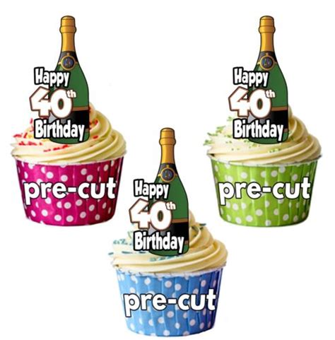 40th Birthday Champagne Bottles - Precut Edible Cupcake Toppers Cake