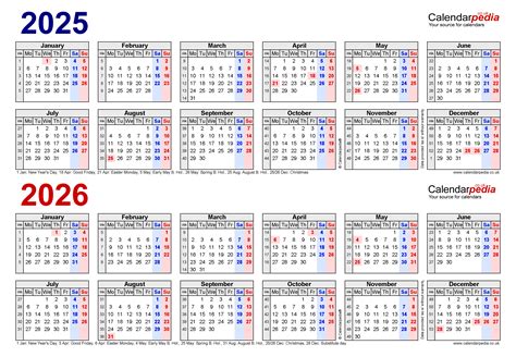 Two Year Calendars For 2025 And 2026 Uk For Excel