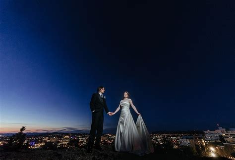 Matt Shumate Photography Wedding Bride And Groom Portrait On Cliff Overlooking The City Lights