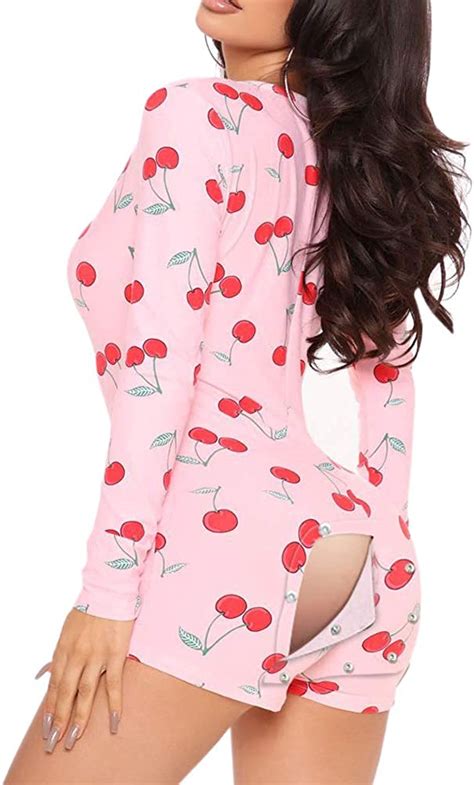 Yileegoo Womens Sexy Butt Button Back Flap Pajamas Jumpsuit Long Sleeve