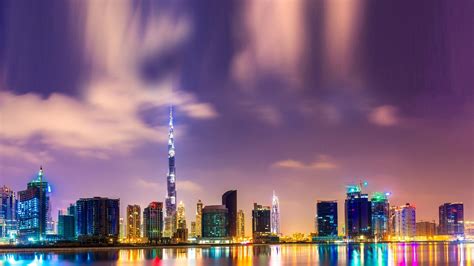 Schöne Nacht In Dubai Burj Khalifa Hochhäuser Lichter Wasser