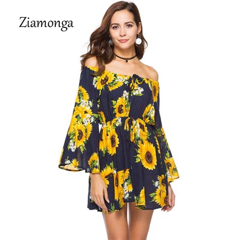 Ziamonga Flare Sleeve Floral Print Summer Dress Women Sexy Elastic Waist Mini Beach Dress