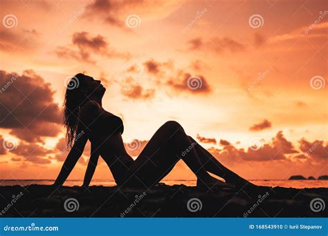 Woman Silhouette Against Sunset On The Beach Stock Photo Image Of Lifestyle Dawn