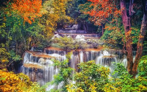 Cascading Waterfall In Autumn Forest Hd Wallpaper Download Waterfalls