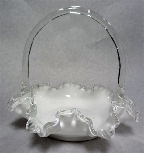 Vintage Fenton Silver Crest 8 White Milk Glass Basket W Clear Handle Ruffled