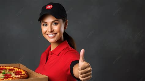 Pizza Delivery Girl Flashing Thumbs Up Sign Against Textured Backdrop Background Delivery Girl