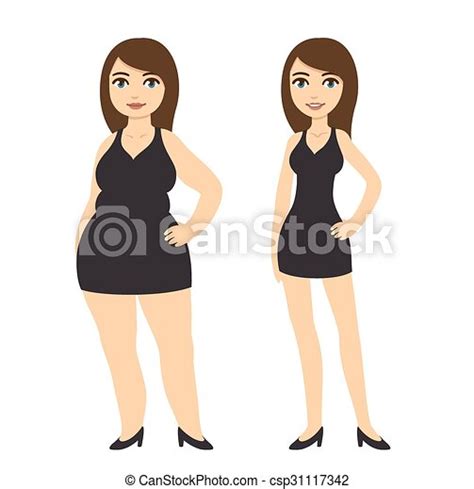 Weight Loss Women Cartoon Woman In Black Dress Skinny And Overweight