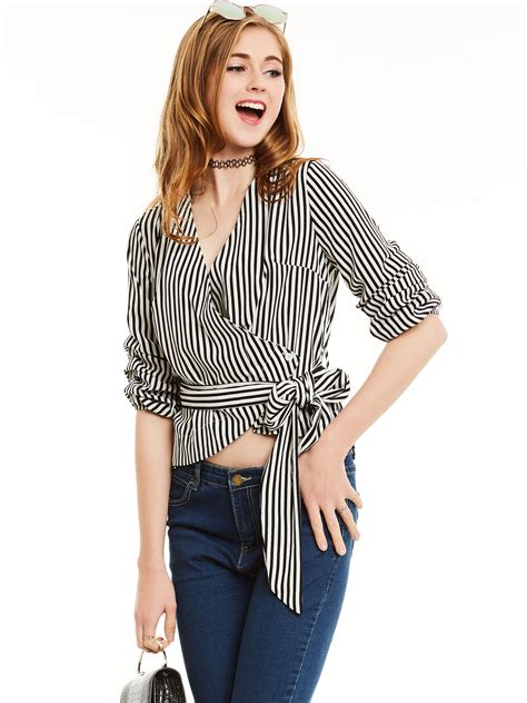Long Sleeve Striped Blouse With Bow 2018 Summer Women Sexy V Neck Woman