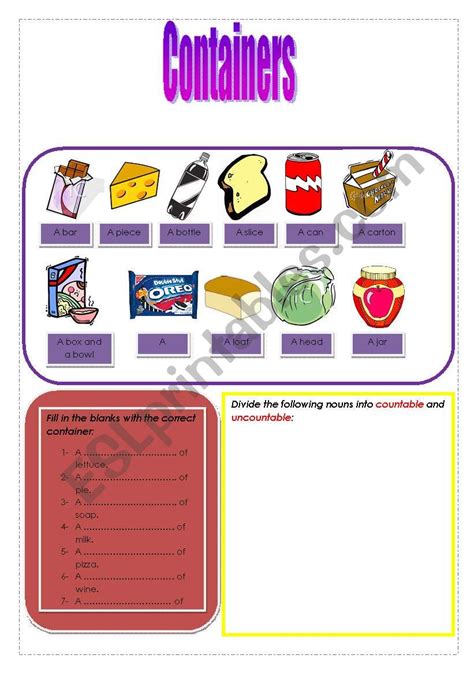 Containers Countable And Uncountable Nouns Esl Worksheet By