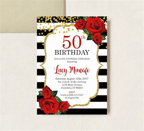 50th Birthday Invitation Women Birthday Invitation Floral Red Etsy
