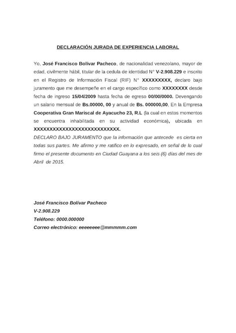 Doc Declaracion Jurada De Experiencia Laboral Dokumentips