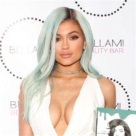 Kylie Jenner Rocks Blue Hair Plunging White Jumpsuit Pics