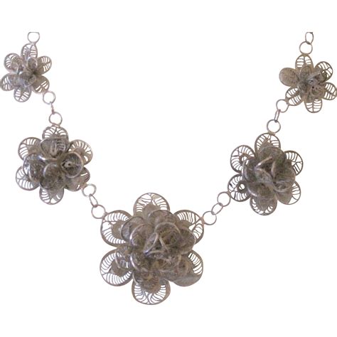 Vintage European Sterling Silver Articulated Filigree Floral Necklace