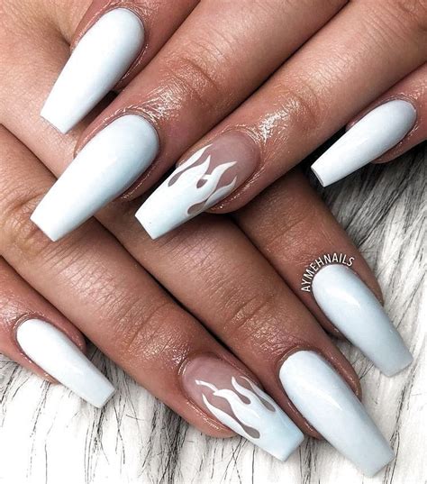 White Flame Nails Acrylic Nails Coffin Short Red Acrylic Nails Long
