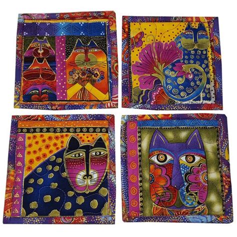 Laurel Burch Cats Quilted Coasters With Purple Feline Borders Etsy