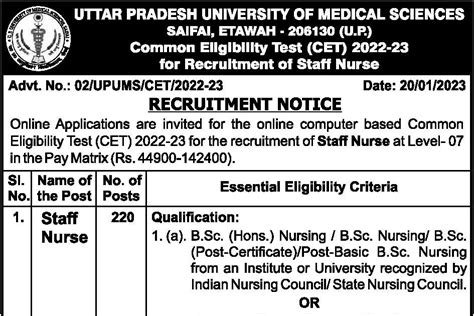 Upums Saifai Recruitment 2023 For 220 Posts Of Staff Nurse Apply Online