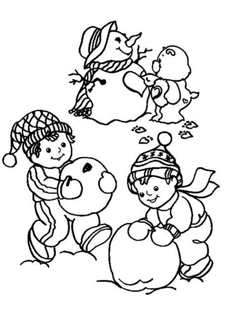 A few birds, a dog and a cat, all with caps and hats, all with caps and hats coloring page. Young Children Making Mr Snowman for Christmas Coloring ...