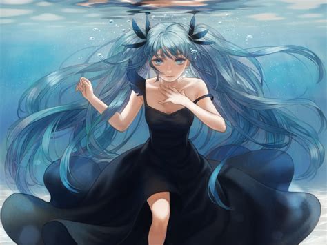 Aqua Eyes Aqua Hair Deep Sea Girl Vocaloid Dress Esukee Hatsune Miku Twintails Underwater