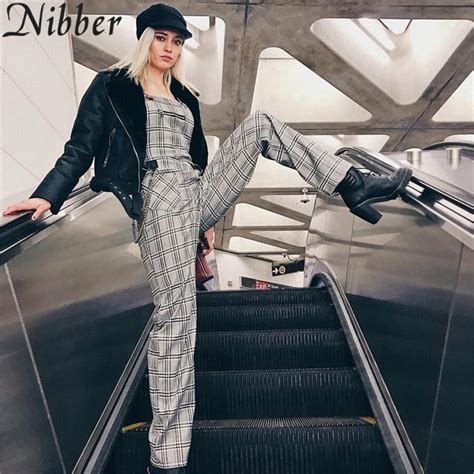 Nibber 2018 Ms Plaid Stripes Leisure Harness Siamese Trousers Fashion Skinny Multi Pocket Women