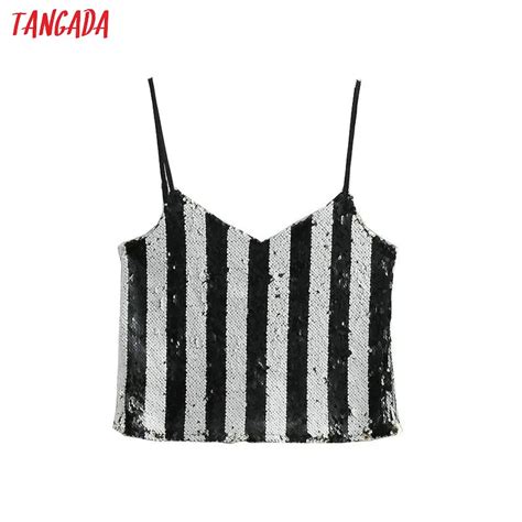 Tangada Korea Women Sequins Striped Camis Tank Top Chic Backless Tanks Ladies Summer Shining