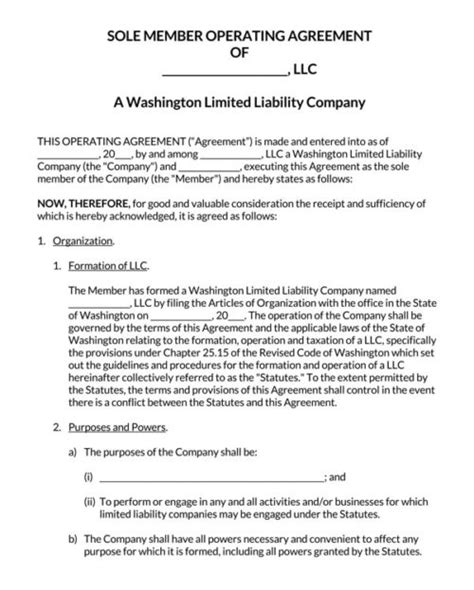 Washington Llc Operating Agreement Templates How To Start