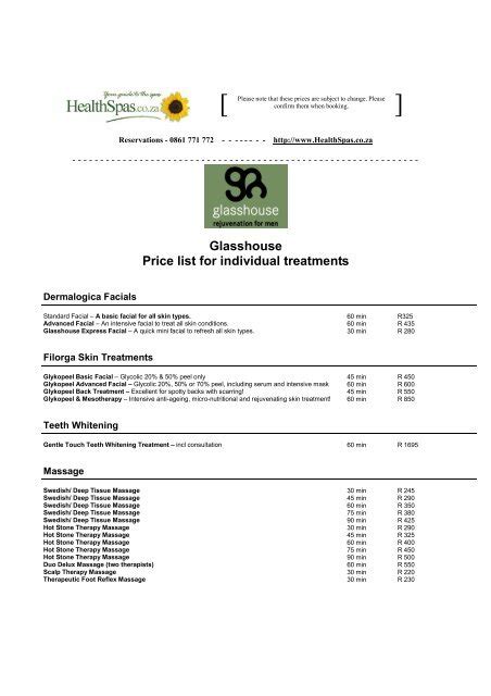 Glasshouse Price List For Individual Treatments Health Spas Guide