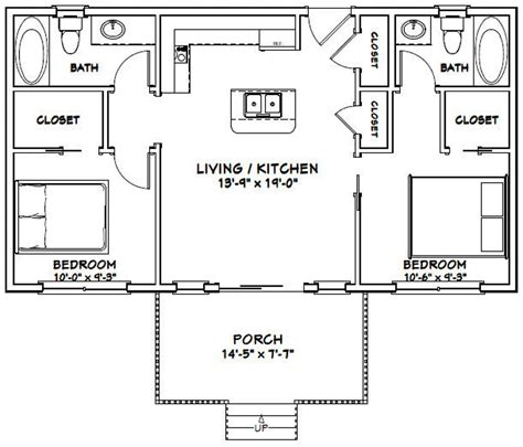 36x20 House 2 Bedroom 2 Bath 720 Sq Ft Pdf Floor Plan Etsy House Plans Open Floor Cabin Floor