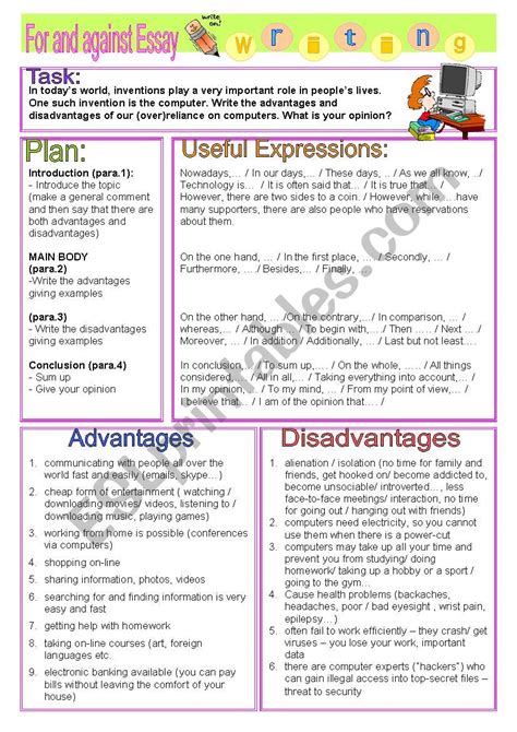 Essay Pros And Cons Of Computers Esl Worksheet By Vickyvar