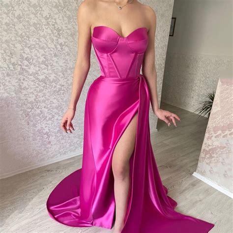 Fuchsia Mermaid Prom Dresses Sweetheart Side Split Satin Simple Wmen Birthday Party Dress Robes
