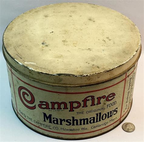 lot vintage 1930 s campfire marshmallow 5lb white red and blue advertising canister tin