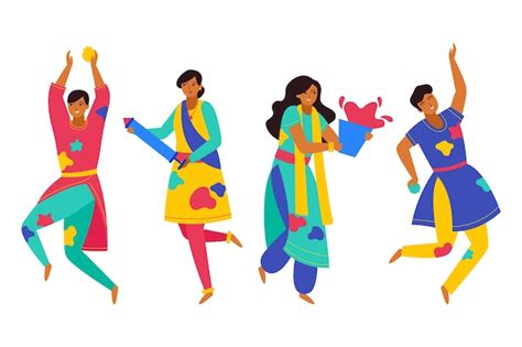 Free Vector People Celebrating Holi Festival And Dancing Isolated
