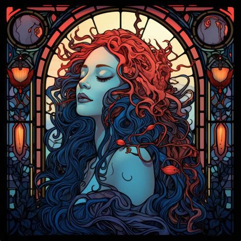 Premium Ai Image A Woman With Long Red Hair And Blue Eyes In Front Of A Stained Glass Window