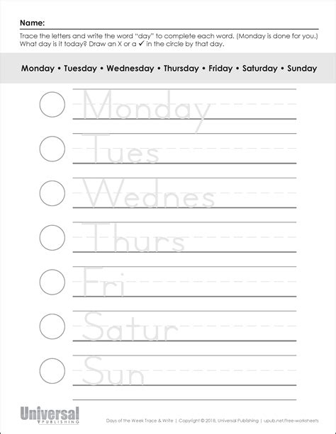 Days Of The Week Tracing Worksheets Free Lesmyl Scuisine