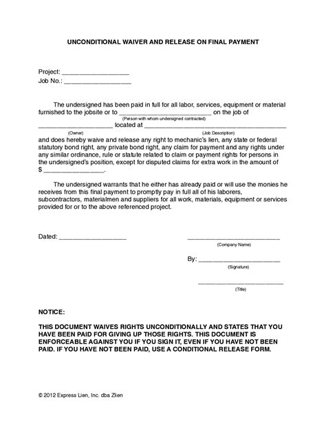 Generic Printable Lien Waiver Form Customize And Print