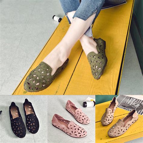 Buy Summer Round Toe Casual Flat Slip Shoes Womens Breathable Cut Out