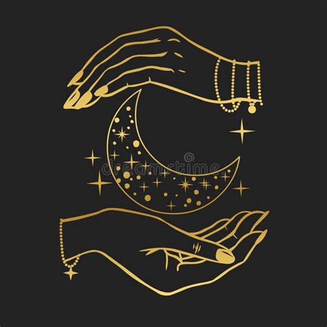 Hands Holding Crescent Moon Vector Illustration In Boho Style On Black