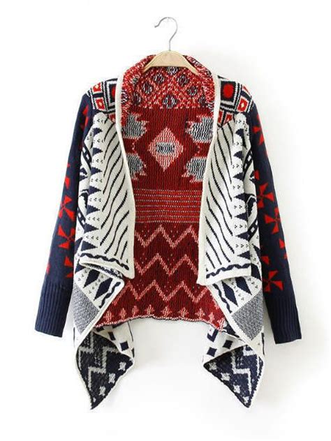 Geometric Pattern Long Sleeve Asymmetrical Knit Cardigan Fashion