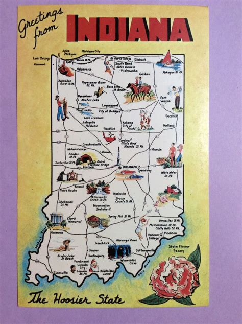 Greetings From Indiana The Hoosier State Map Cities Vintage Postcard