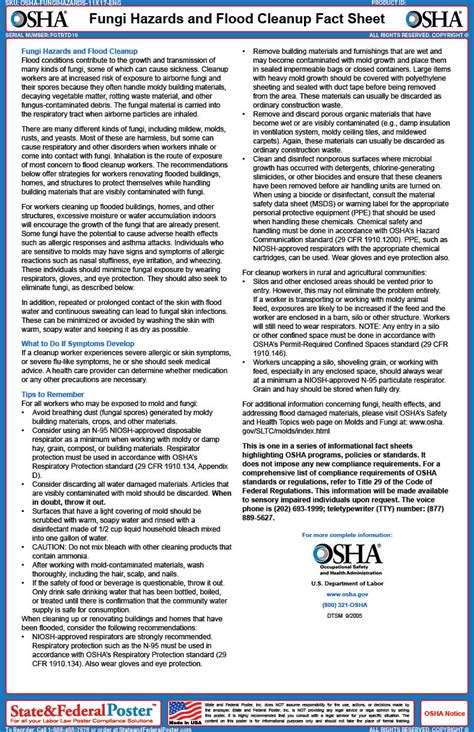 Osha Fungi Hazards And Flood Cleanup Fact Sheet — State And Federal Poster