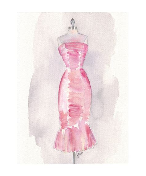 Fashion Illustration Pink Vintage Dress Watercolor Painting Etsy