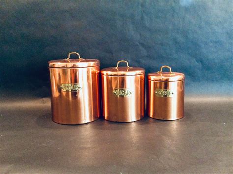 Copper Canisters Set Of 3 With Brass Name Plates And Handles Etsy