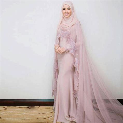 Saudi Arabic Gray Pink Long Evening Dresses Hijab With Cloak Full Long