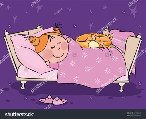 The Little Girl Sleeps In The Bed With Cat Stock Vector Illustration