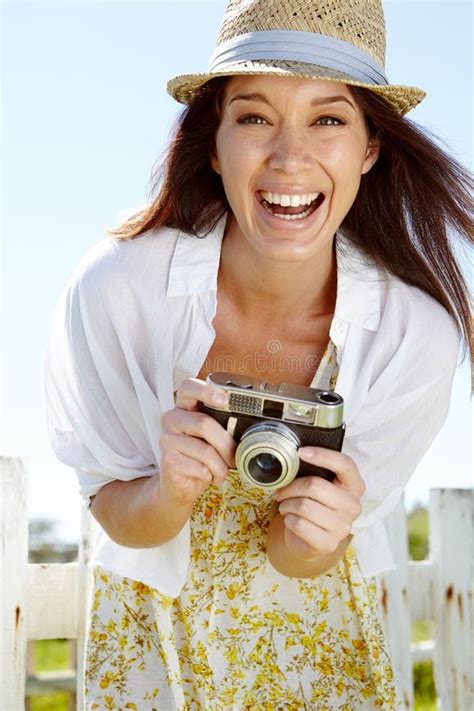 Laughing Photographer Portrait Or Happy Woman And Digital Camera On